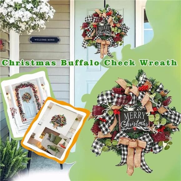 Christmas Buffalo Check Wreath, Outdoor Christmas Wreaths, Front Door Decoration - Picture 3 of 7